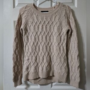 Tahari Pure Luxe Wool & Cashmere Cable Knit Crewneck Sweater, Off-White, EUC!